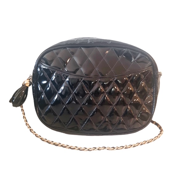 Vintage Handbags - Vtg 90s Holt Renfrew Faux Patent Quilted Crossbody